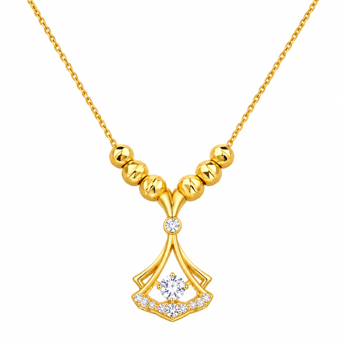Korean Style Gold-Tone Six Bead Fan Pendant Necklace - Image 2
