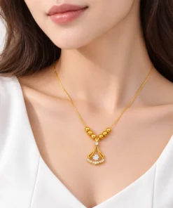 Korean Style Gold-Tone Six Bead Fan Pendant Necklace