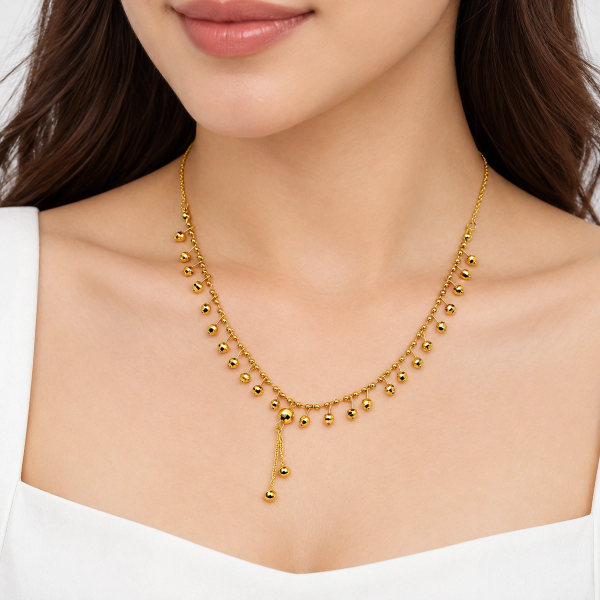 Korean Style Gold-Tone Beaded Fringe Drop Necklace - Image 2
