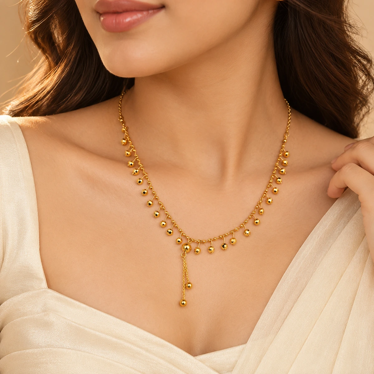 Korean Style Gold-Tone Beaded Fringe Drop Necklace - Image 4