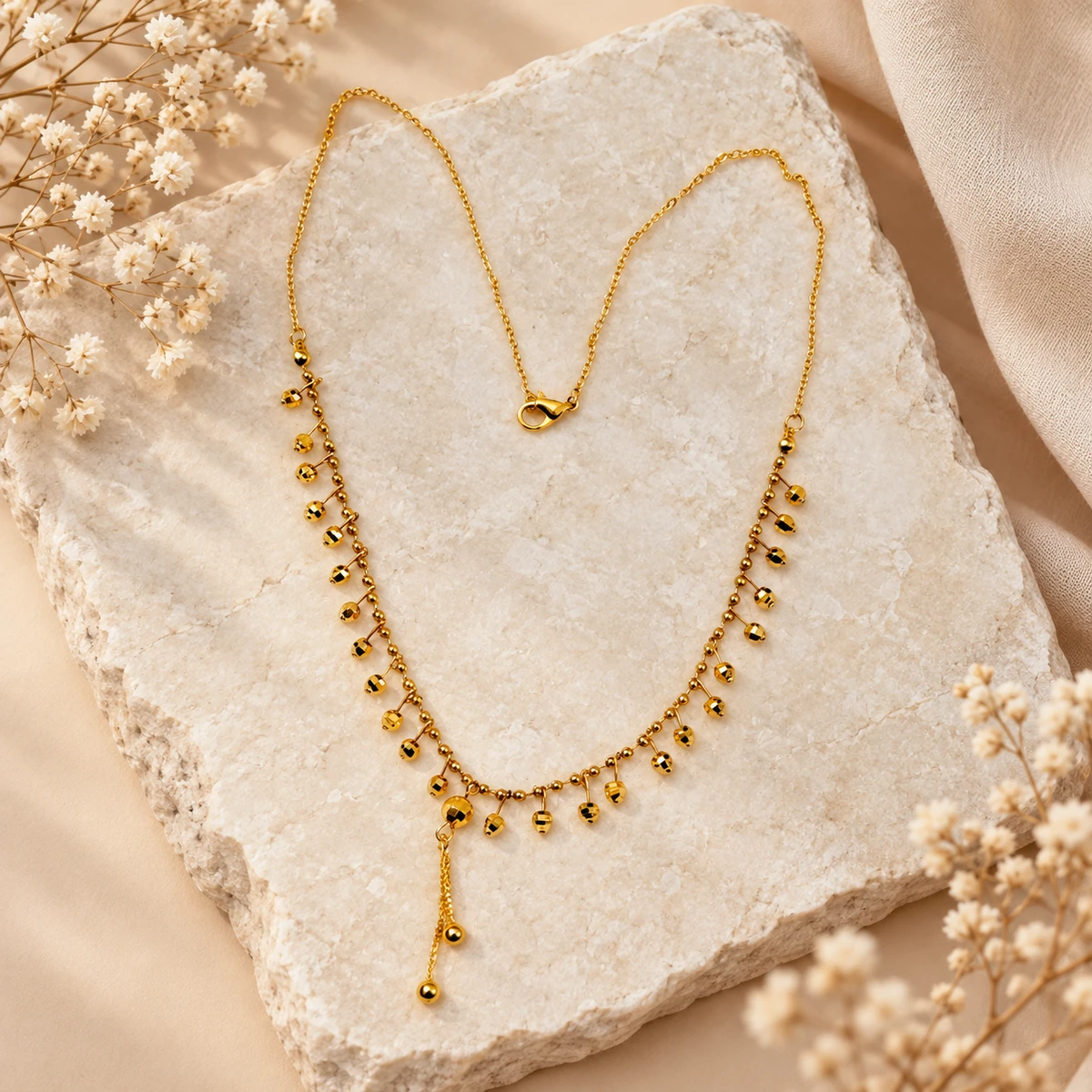 Korean Style Gold-Tone Beaded Fringe Drop Necklace - Image 5