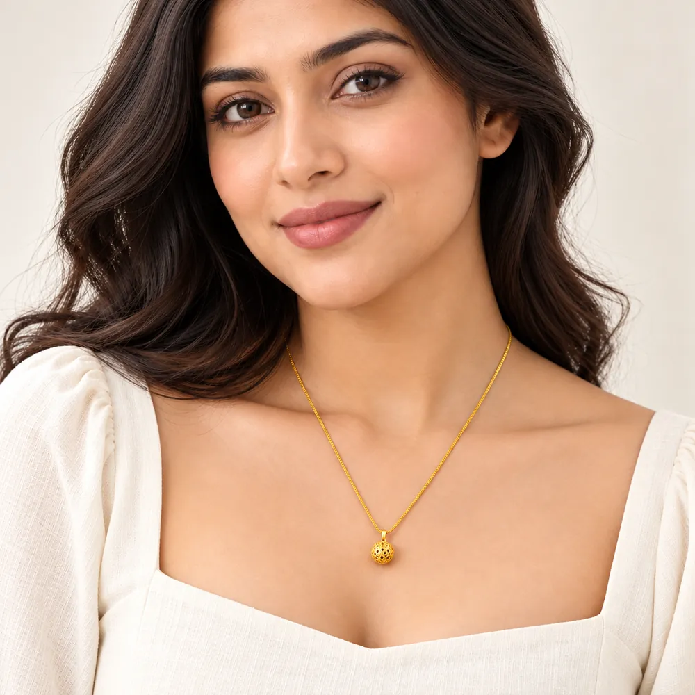 Gold Colour Round Ball Pendant Chain Necklace